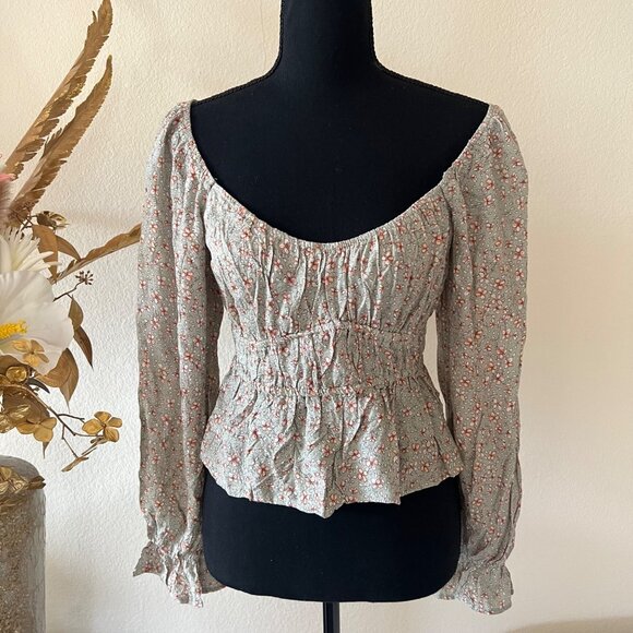 Floral Coquette Pleated Babydoll Top w Bishop Sleeves M - Picture 1 of 7